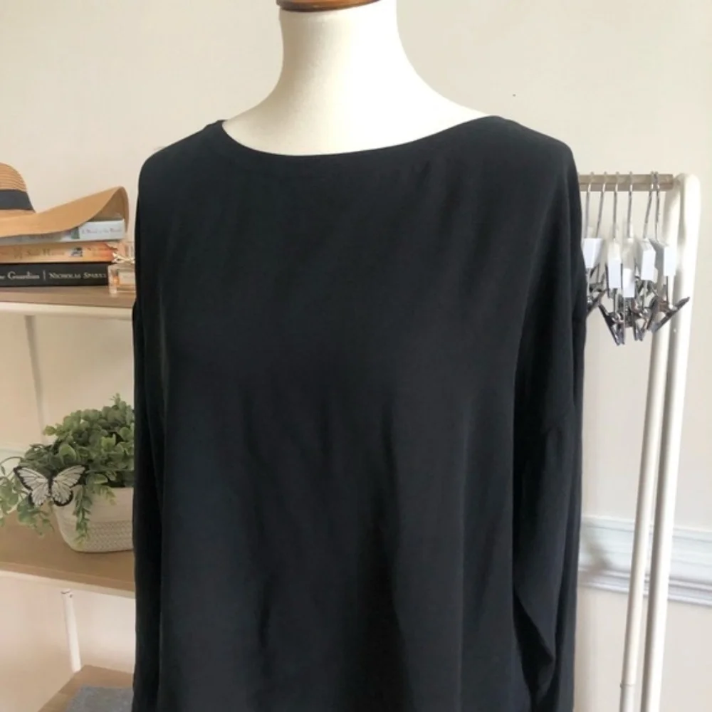 Eileen Fisher black georgette crepe silk long sleeve box top blouse - Picture 2 of 6